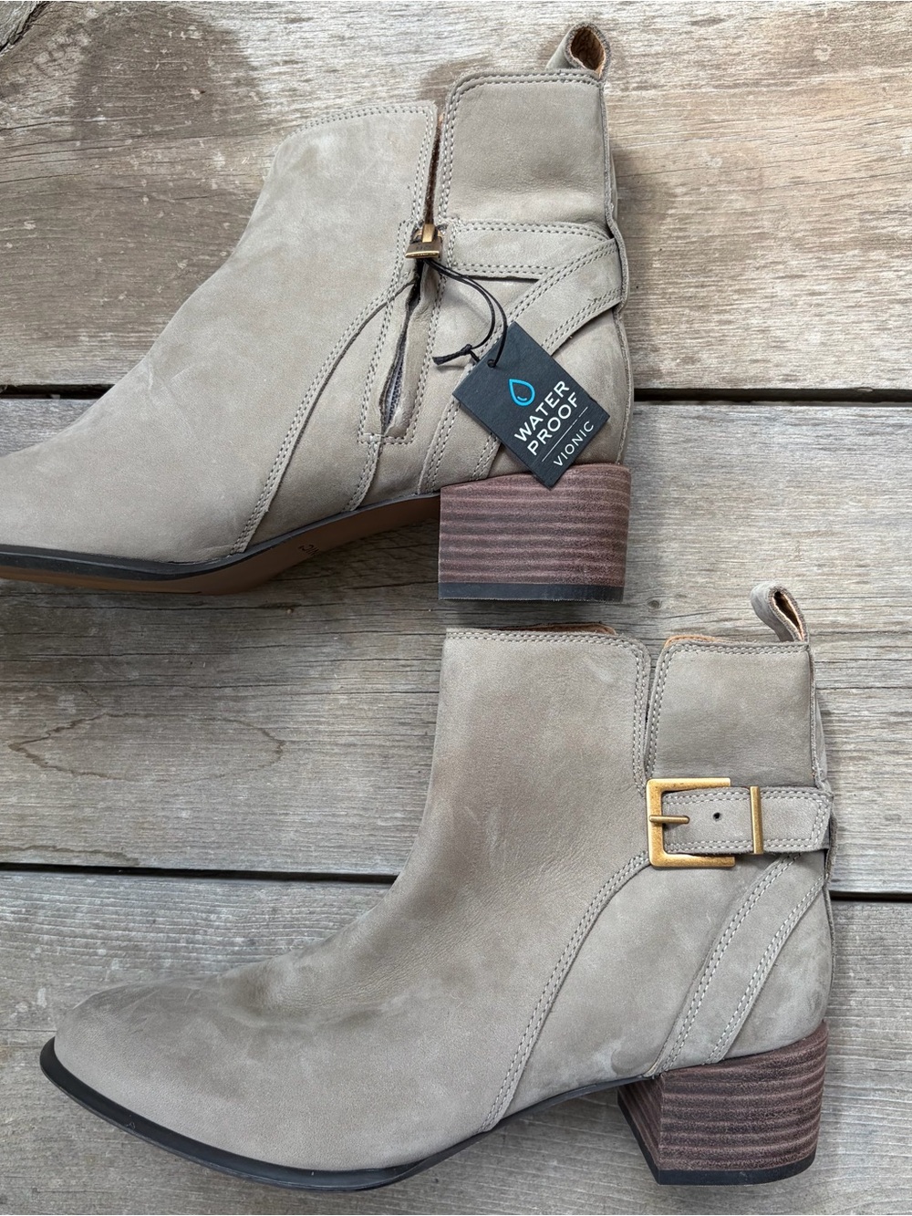 NEW Vionic Taupe Suede Sienna Ankle Boots with Gold Buckle Waterproof